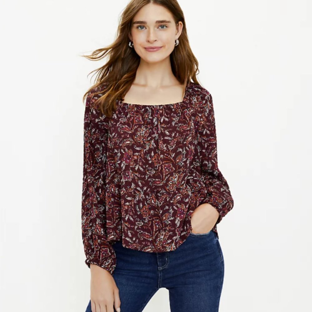 NWT LOFT Petite Floral Square Neck Peplum Blouse Small